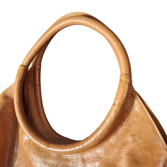 Rare HTF Zina Eva Pleated Camel Tan Leather Circle Shoulder Bag Purse EUC Boho - Picture 6 of 12